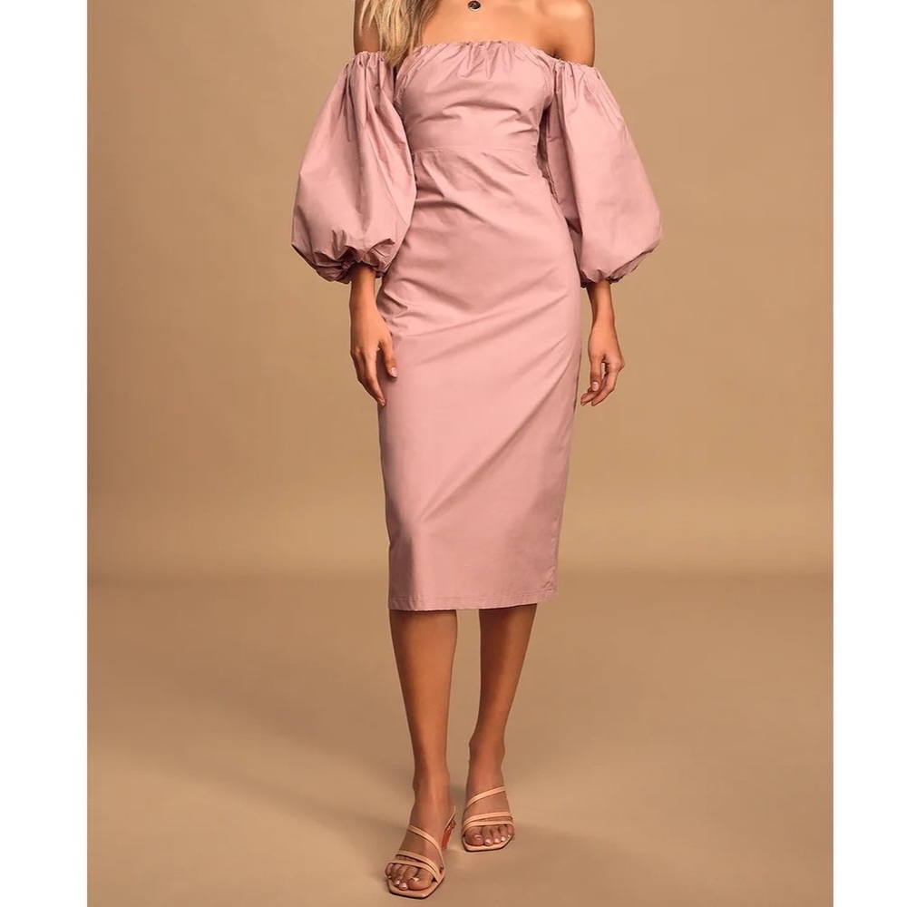NEW Lulus Feel the Love Mauve Off the Shoulder Puff Sleeve Midi Dress S